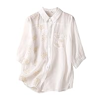 Women's Button Down Cotton Linen Tunic Tops 3/4 Sleeves Embroidery Blouse