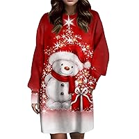 Women's Christmas Dress Fashion Long Sleeve Round Neck Pocket Printed Dress, S-3XL
