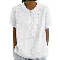 Womens Eyelet Tee Tops Peter Pan Collar Short Sleeve Dressy T-Shirts Summer Hollow Out Casual Loose Fit Y2K Blouse