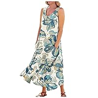 Womens Maxi Dresses Summer Casual Print Boho Cotton Linen Sundress with Pockets Loose Flowy Swing Vacation Long Dress