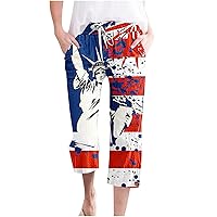 Statue of Liberty Print Capri Pants Women Stars Stripes Loose Fit Beach Pants Drawstring Waist Patriotic Crop Pants