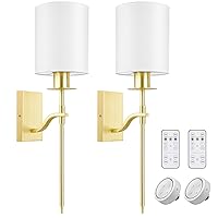 SURAIELEC Battery Operated Wall Sconce, Dimmable Gold Sconces with Remote Control, 3 Color Temperatures, Indoor Wireless Wall Light for Bedroom, Power Outage Lights, White Linen Shade, Set of 2