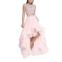 Women's Two Piece Organza High Low Prom Dress Long Beaded Formal Evening Ball Gown