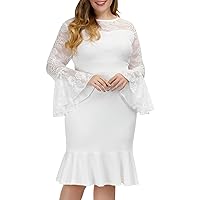Women's Bell Sleeves Lace Floral Elegant Cocktail Dress Crew Neck Knee Length for Party 14W White
