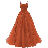 Tulle Lace Appliques Prom Dresses Long Ball Gown for Women Spaghetti Straps Corset Backless Evening Dress