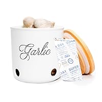 Dizzy Dragonfly Co. Garlic Keeper - Storage Jar with Bamboo lid & Moisture Control Desiccant Packet, Large Garlic Keeper for Counter, White Ceramic Containers with Lids for Garlic, Garlic Saver