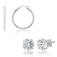 14k White Gold Hoop and CZ Earrings with Genuine Round Crystal for Women & Men | Gold Earring with Click Tops and CZ Studs with Gold Earring Backs | 1 Inch Small and 2.5 Carats total by MAX + STONE
