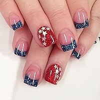 4th of July Press on Nails Short Square Fake Nails Independence Day Glue on Nails with American Flag Star Glitter Design False Nails Acrylic Nail Kits 4th of July Nail Accessories Decoration 24Pcs