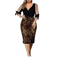 Mother of The Bride Dresses for Women Plus Size V-Neck Hollow Out Sleeve Midi Dress Sequin Cocktail Party Dresses