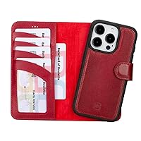 BOULETTA for iPhone 15 Pro Case Magsafe Compatible Full Grain Leather, Magnetic Detachable Folio Phone Wallet Case (2 in 1) - 4 Card Holders with RFID Blocking 6.1 inch, Vegetal Red