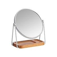 Amazon Basics Vanity Round Tabletop Mount Mirror with Squared Bamboo Tray Magnification, Chrome & Bamboo, 7.68