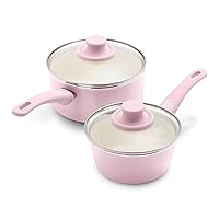 GreenLife Soft Grip Healthy Ceramic Nonstick, 1QT and 2QT Saucepan Pot Set with Lids, PFAS-Free, Dishwasher Safe, Soft Pink