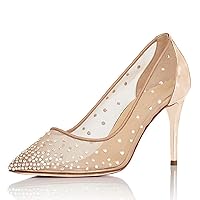 XYD Rhinestones Studded Stiletto High Heels Mesh Pumps for Women Slip On Pointed Toe Evening Wedding Dress Shoes
