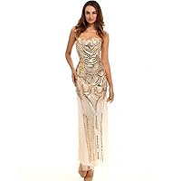 UONBOX Women's Sequin Strapless Sweetheart Mesh Lace up Banquet Dress