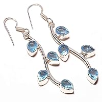Outstanding! Blue Topaz Quartz HANDMADE Jewelry Sterling Silver Plated Earring 2.25