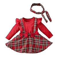 Baby Christmas Dress Infant Girls Romper Plaid Ruffles Long Sleeve Bowknot Skirt Jumpsuits Headband Clothes Set