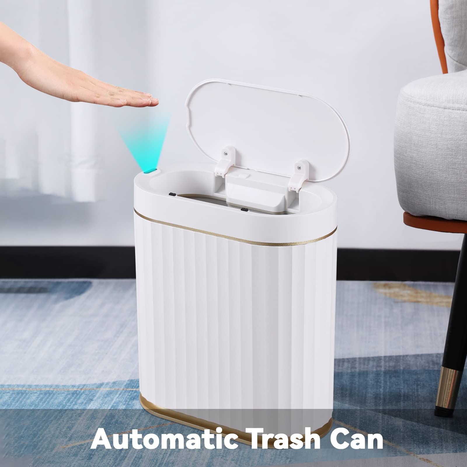 ELPHECO Bathroom Trash Can with Lid Automatic Garbage Can, 2 Gallon Slim Smart Trash Can, Small Plastic Trash Bin, 8 L Narrow Motion Sensor Trash Can for Bedroom, Bathroom, Office