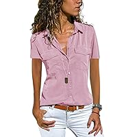 Kwoki Women's Short Sleeve Button Front Shirts Casual Loose Fit Lapel Collar Blouse Tops