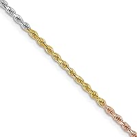 Solid Gold 14K Tri-colored 1.75mm Diamond-cut Rope with Lobster Lock Anklet Necklace Chain -16.0
