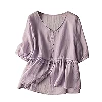 Women's Cotton Linen Button Short Sleeve Shirts Summer Loose Crew Neck Casual Boho Top Vintage Flowy Blouses Tops