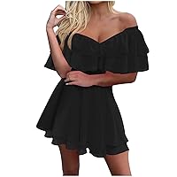Women Elastic Off Shoulder Double Layer Ruffle Mini Dress Sexy V-Neck Waist-Defined Summer Trendy Solid A-Line Dress