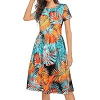 elescat Summer Dresses for Women Casual Flowy Swing Loose Fit T-Shirt Sundress with Pockets (Glow Banana Leaf,XL)