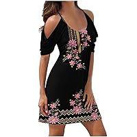 Plus Size Tops for Women Clearance Summer Dresses for Women 2024 Cold Shoulder Short Sleeve A-Line Casual T-Shirt Dress Plus Size Swing Cute Mini Dress