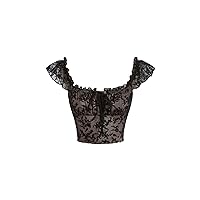 Verdusa Women's Lace Floral Print Frill Trim Ruched Crop Tops Tie Front Cap Sleeve Tee Shirt