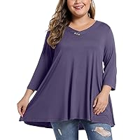 MONNURO Womens Plus Size 3/4 Sleeve V Neck Button Casual Loose Flowy Swing Tunic Tops Basic Tee Shirts for Leggings