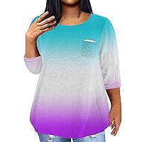 Womens Tops Plus Plus Size Tops for Women 2024 Color Block Fashion Casual Loose Fit Y2k with 3/4 Sleeve Round Neck Shirts Cyan 4X-Large