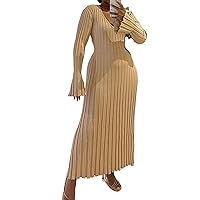 Plus Size Knit Dresses for Curvy Women Fall Maxi Sweater Dress Long Sleeve Warm Sexy V Neck Ribbed Dresses