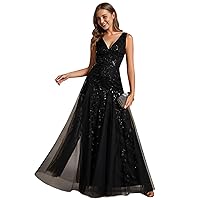 Ever-Pretty Women's Sexy Sleeveless V-Neck High Waist Sequin Embroidery Evening Gowns