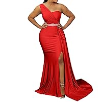 Women's 2024 Summer Ruched Bodycon Dress Sleeveless Wedding Formal Wrap Satin Belted Cocktail Midi Dress One Shoulder