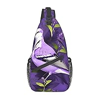 Sling Backpack,Travel Hiking Daypack Bird In Purple Lavender Floral Flowers Print Rope Crossbody Shoulder Bag