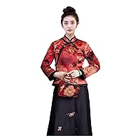 Women Coat Heavy Silk Fragrant Cloud Yarn Floral Printed Mock Neck Long Sleeve Warm Padded Red Qipao Top 130