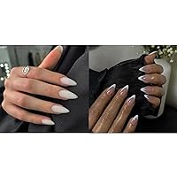 KQueenest White Press on Nails Medium Stiletto Almond&White Press on Nails Short Almond For Summer Beach Party Daily Decoration in 48 PCS