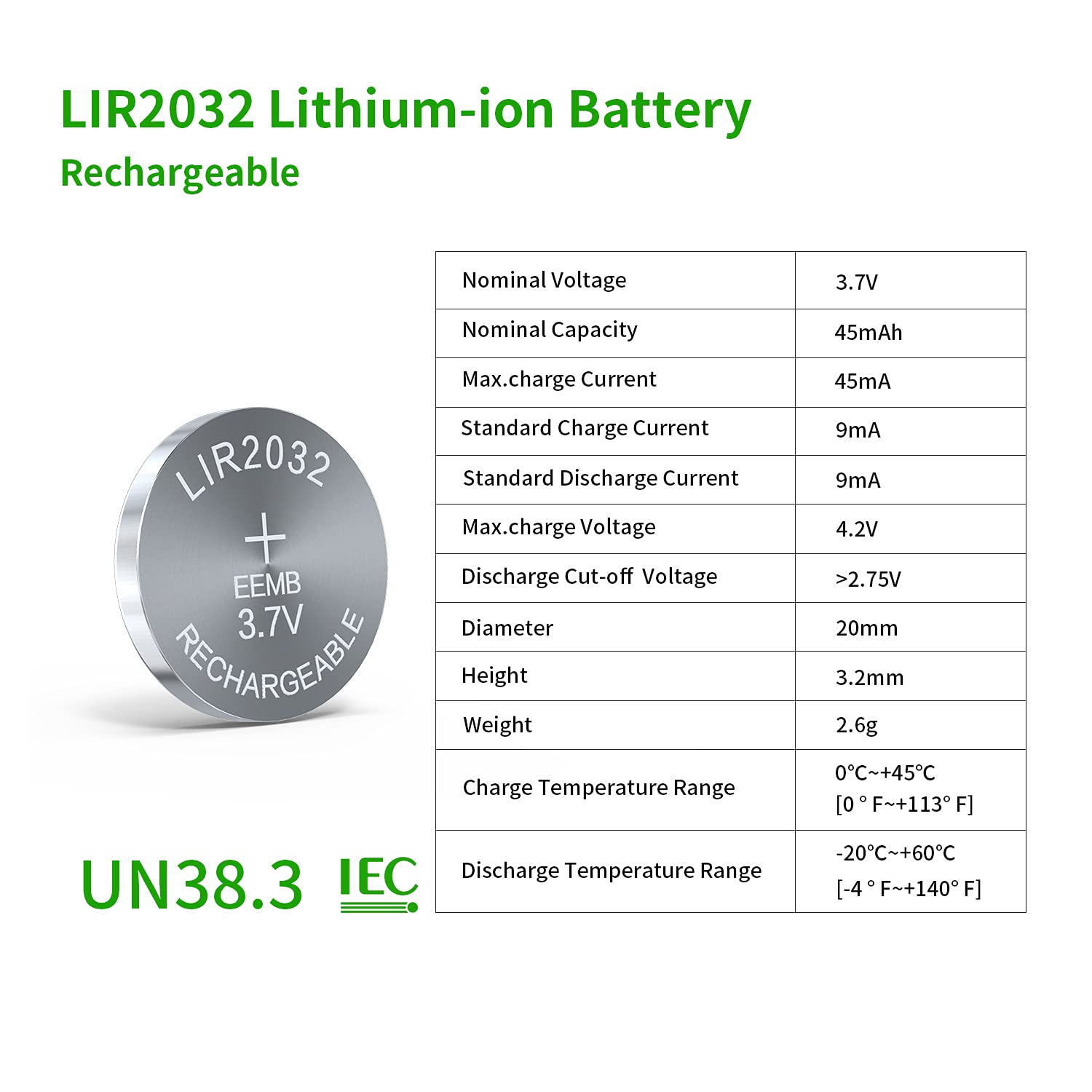 EEMB 10PCS LIR2032 Rechargeable Battery 3.7V Lithium-ion Coin Button Cell Batteries 45mAh 2032 Rechargeable Battery