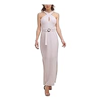 GUESS Womens Beige Textured Zippered Belted Side Slit Sleeveless V Neck Maxi Formal Sheath Dress 12