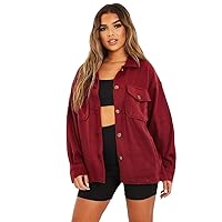 Womens Plain Shacket Oversized Baggy Pocket Fleece Casual Shirt Jacket Coat Top