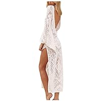 Women's Lace Boho Lace Long Dress Flare Sleeve Backless Casual Summer Print Flowy Beach V Neck Swing Side Split