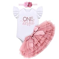 3PCS Baby Girl First Birthday Outfit 1st Birthday Girl Outfit Cotton Romper Tutu Skirt with Headband Clothes Set