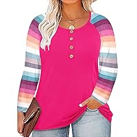 RITERA Plus Size Tops for Women Fall Long Sleeve Henley Shirts Casual Blouse Buttons Hot Pink 2XL