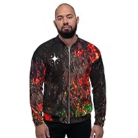 Unisex Bomber Jacket - Multi-0colored Brown, Red, Green Abstract Brushstroke Painted Design with white stars