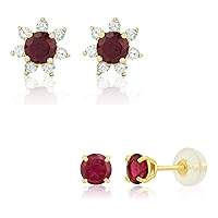 14k Yellow Gold Created Red Ruby and Diamond Flower Halo Stud and Round Stud Earrings Set for Women | 4mm Birthstone Earrings Set by MAX + STONE