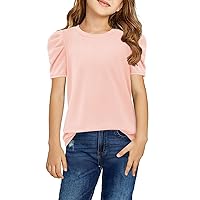 storeofbaby Girls Puff Short Sleeve Shirts Round Neck Tunic Tops Casual Solid Blouses 5-14 Years