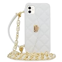 for iPhone 12 Mini Handbag Case with Card Holder Wrist Lanyard Strap Soft Silicone Cover Wallet Case for Women Luxury Stylish Long Pearl Crossbody Chain Case for iPhone 12 Mini White