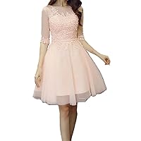 Peach Sheer Lace Applique Half Sleeve Knee Length Homecoming Dress 8 Peach