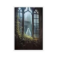 Vintage Ghost Canvas Wall Art - Ghost Outside Looking In Cute Yet Spooky Aesthetic Poster - Dark Academia Gothic Room Decor Print - Preppy Halloween Horror Wall Decor for Bedroom 12x16in Unframed