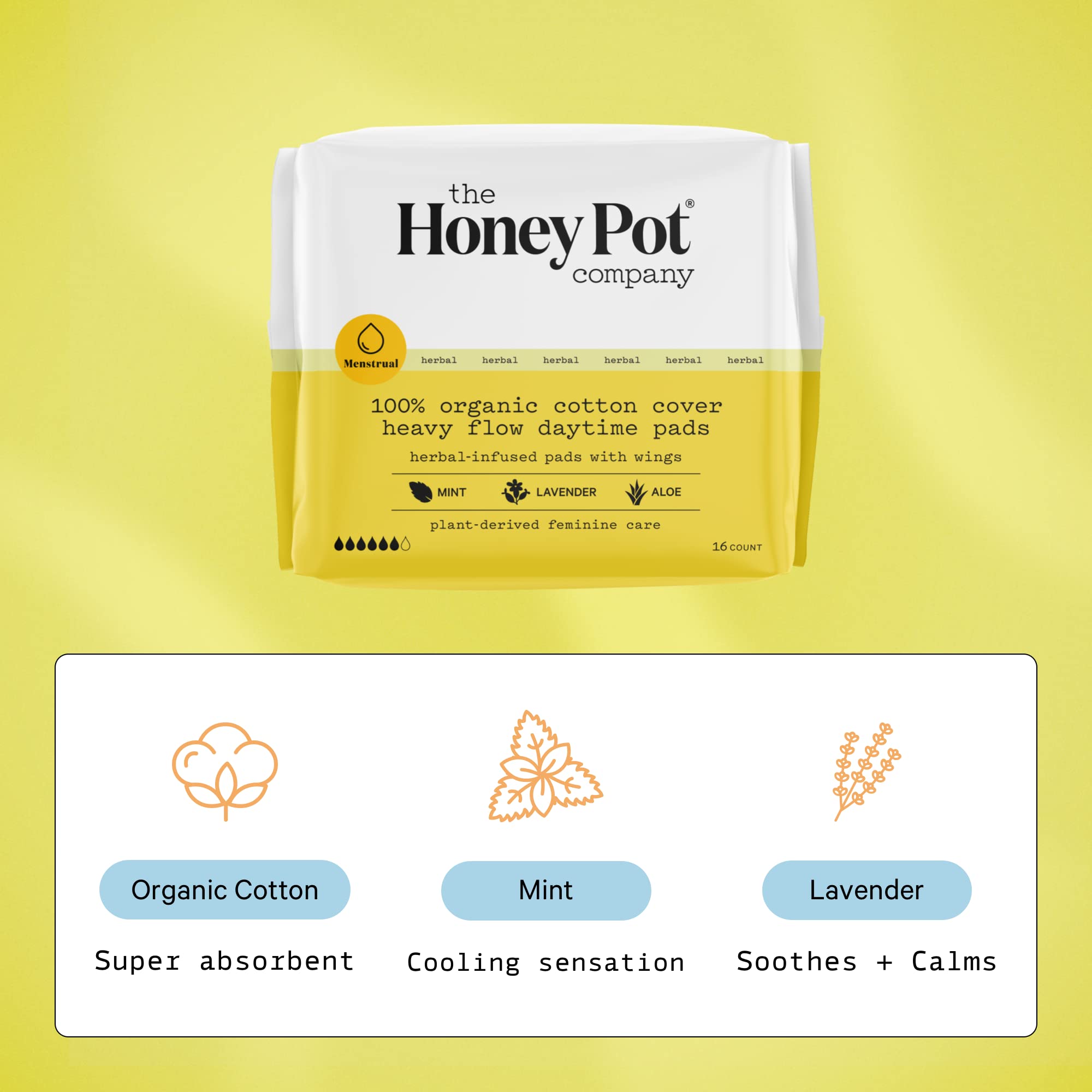 The Honey Pot Company - Daytime Heavy Flow Pads with Wings - Organic Pads for Women - Herbal Infused w/Essential Oils for Cooling Effect, Cotton Cover, & Ultra-Absorbent Pulp Core -16ct