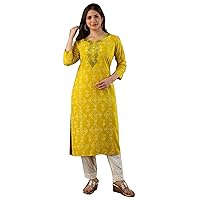 Yellow Party wear Indian Bandhej Printed Straight Reyon Pant Kurti Embroidered Mirror work york Woman Kurta 452r